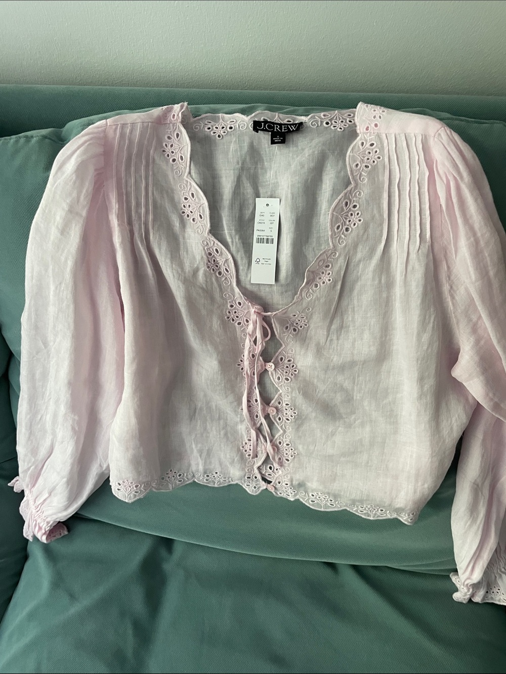 J Crew pale pink scallop trim tie front top in ramie